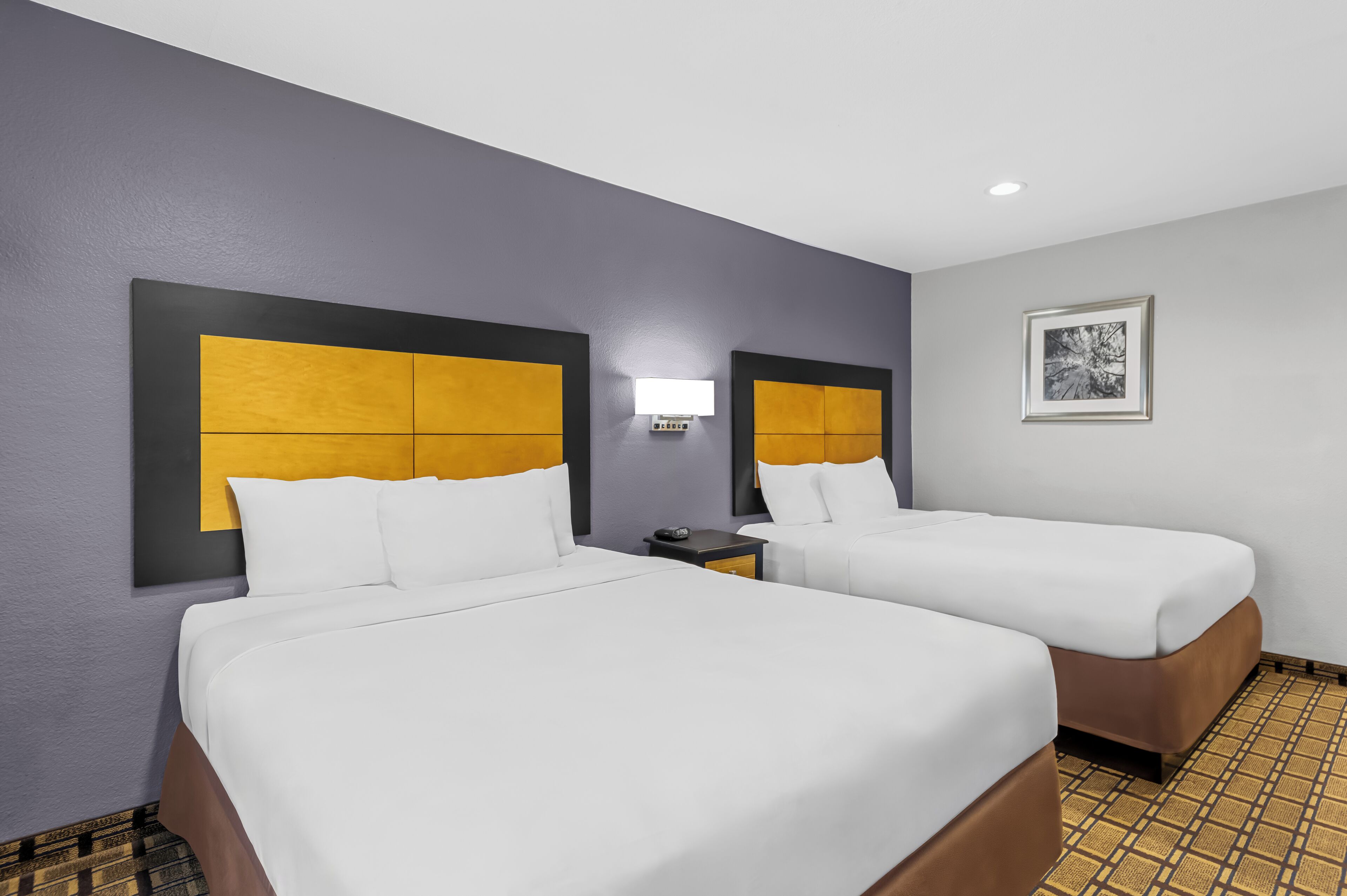 A hotel room with two beds, a nightstand, a wall-mounted light, and a framed picture.