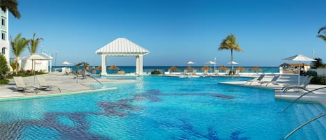 7 outdoor pools, pool umbrellas, pool loungers