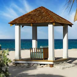 On the beach, white sand, sun-loungers, beach umbrellas
