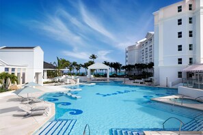 7 outdoor pools, pool umbrellas, pool loungers