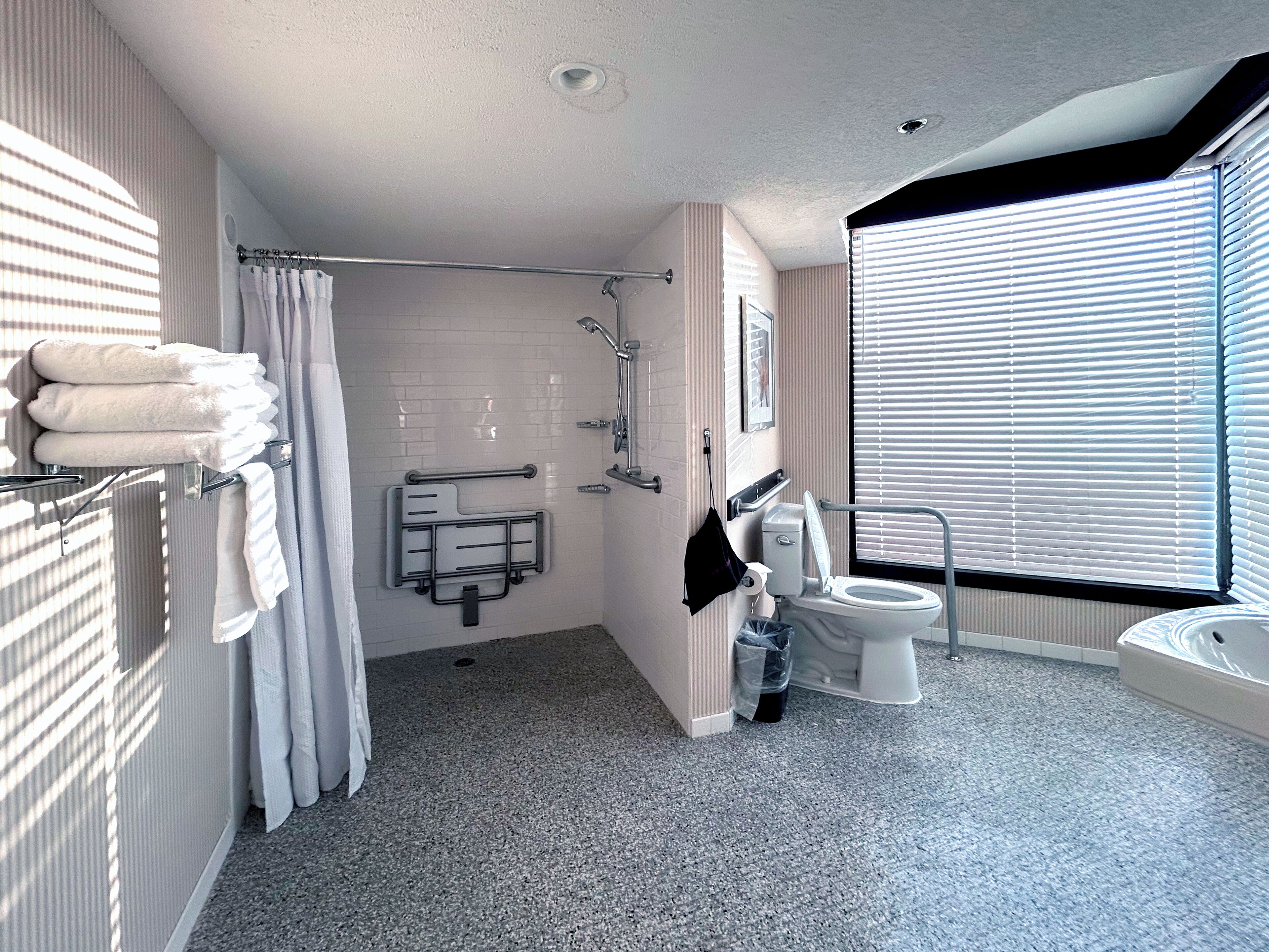 A modern bathroom with a shower, toilet, and sink.