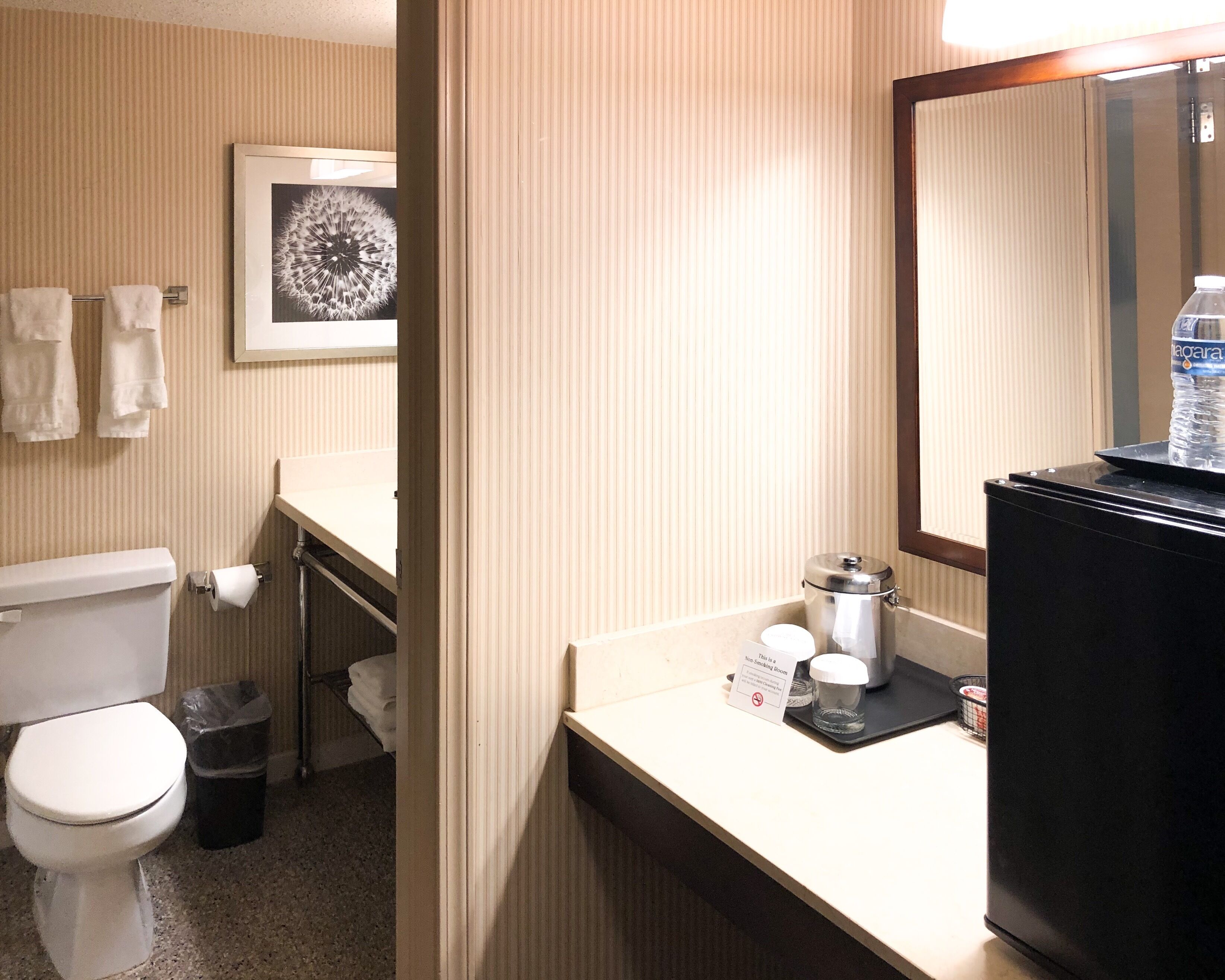 A bathroom with a toilet, a trash can, a sink with a mirror, and a framed picture on the wall.