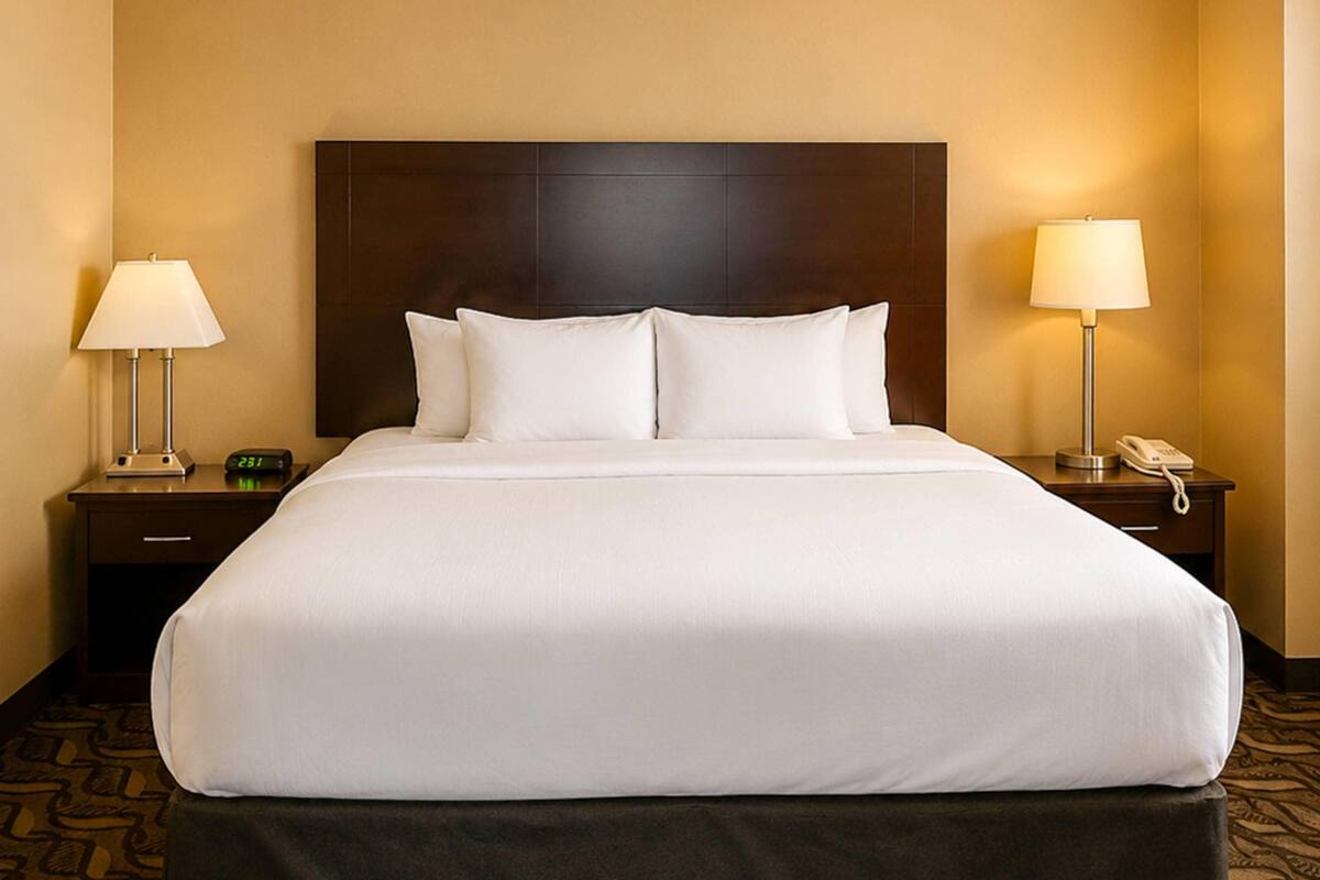 Premium bedding, pillowtop beds, desk, blackout drapes