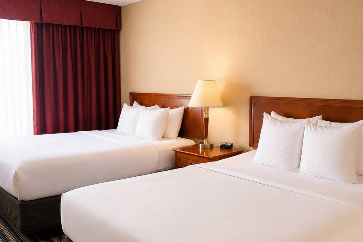 Premium bedding, pillowtop beds, desk, blackout drapes