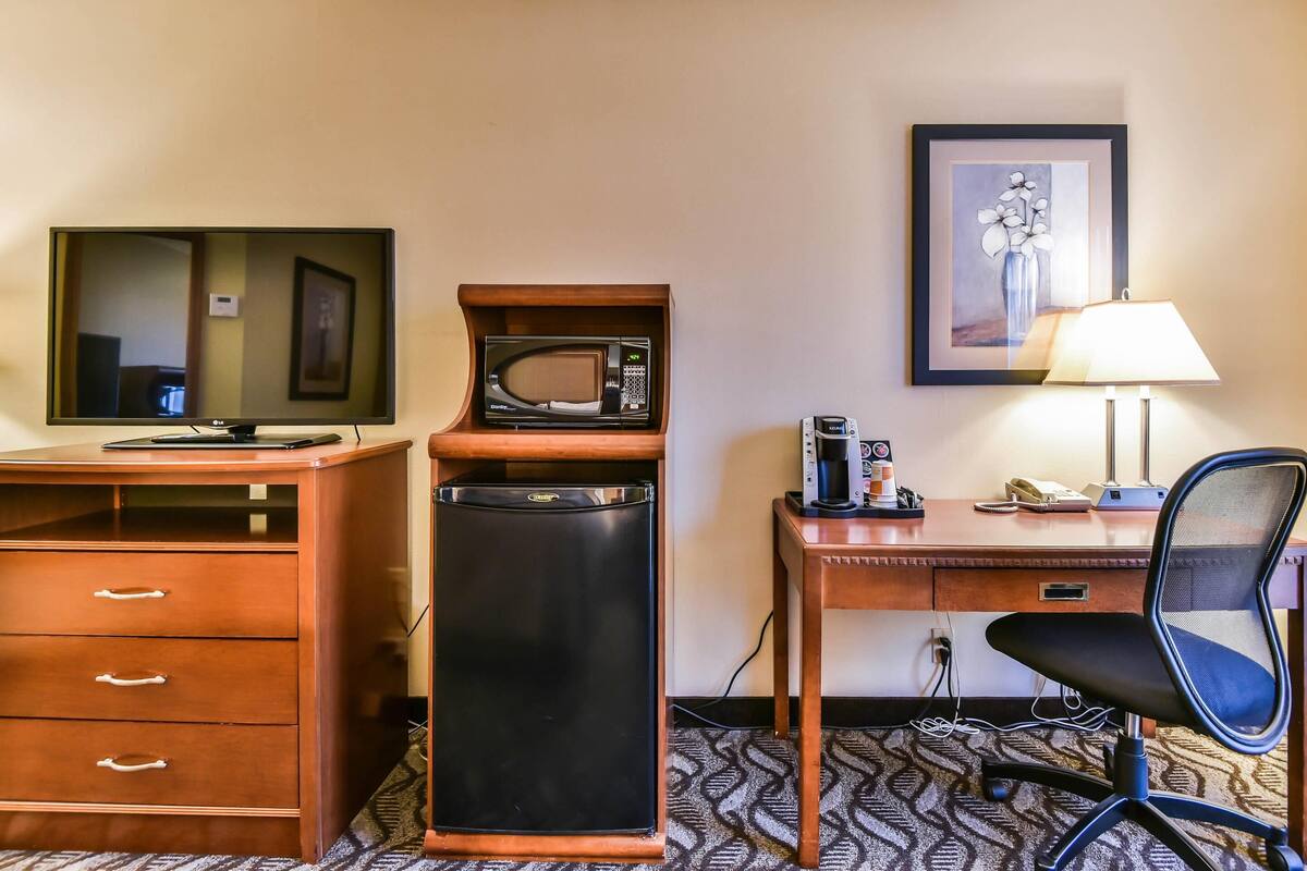 A hotel room with a wooden desk, a black refrigerator, a television, a framed artwork, a lamp, and a chair.