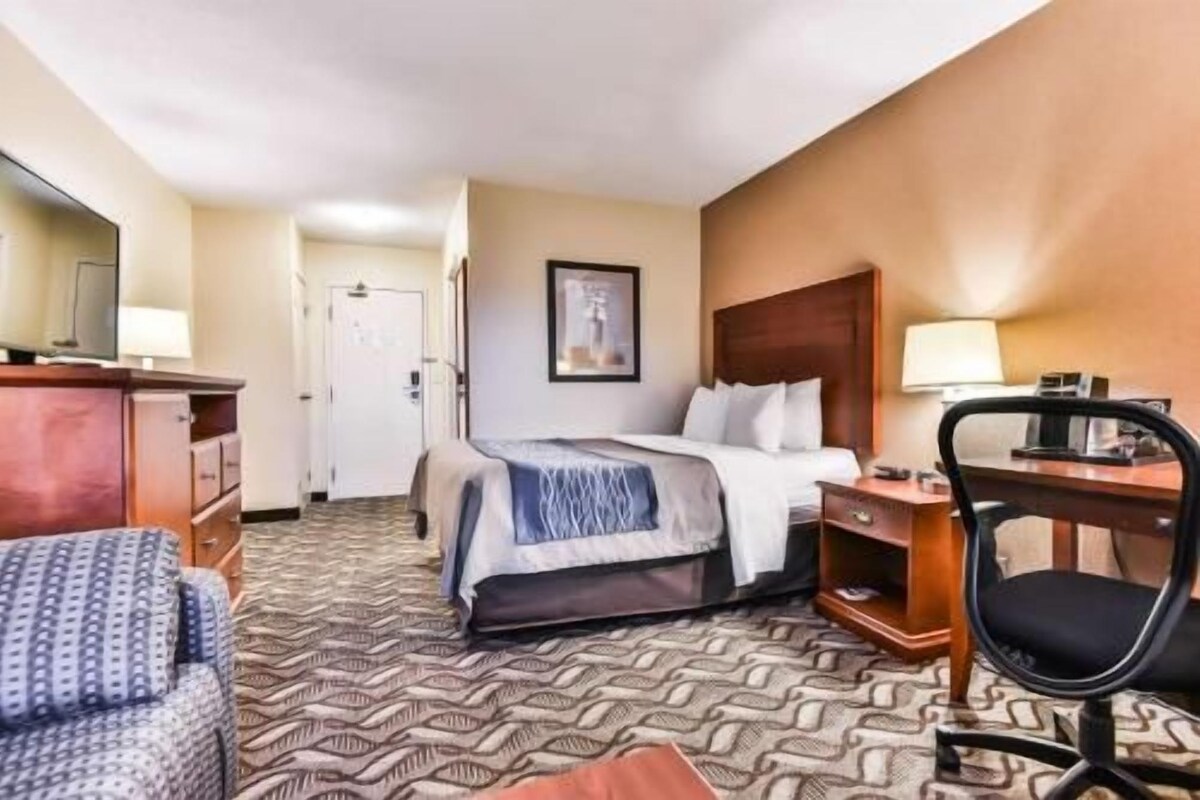 Una habitación de hotel con cama, escritorio, silla, cómoda y puerta.