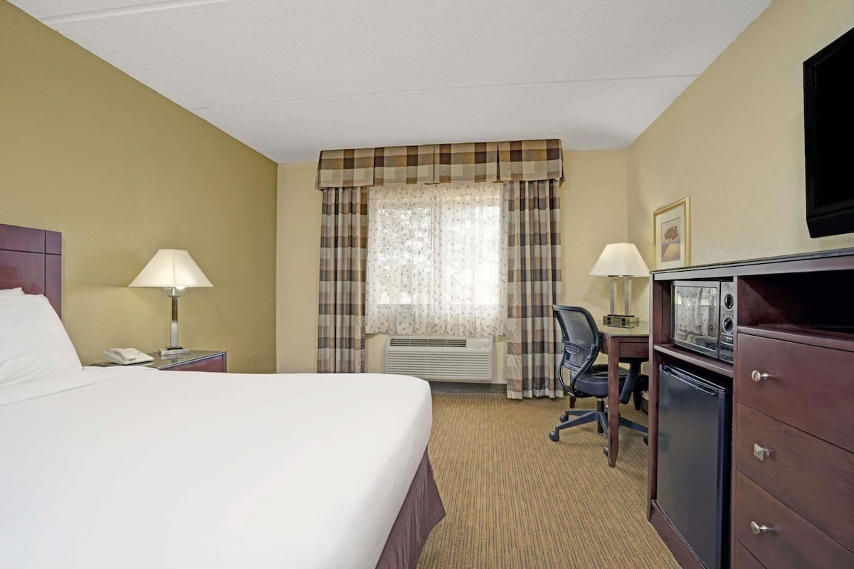 A hotel room with a bed, two bedside tables with lamps, a desk with a chair, a microwave, and a TV.