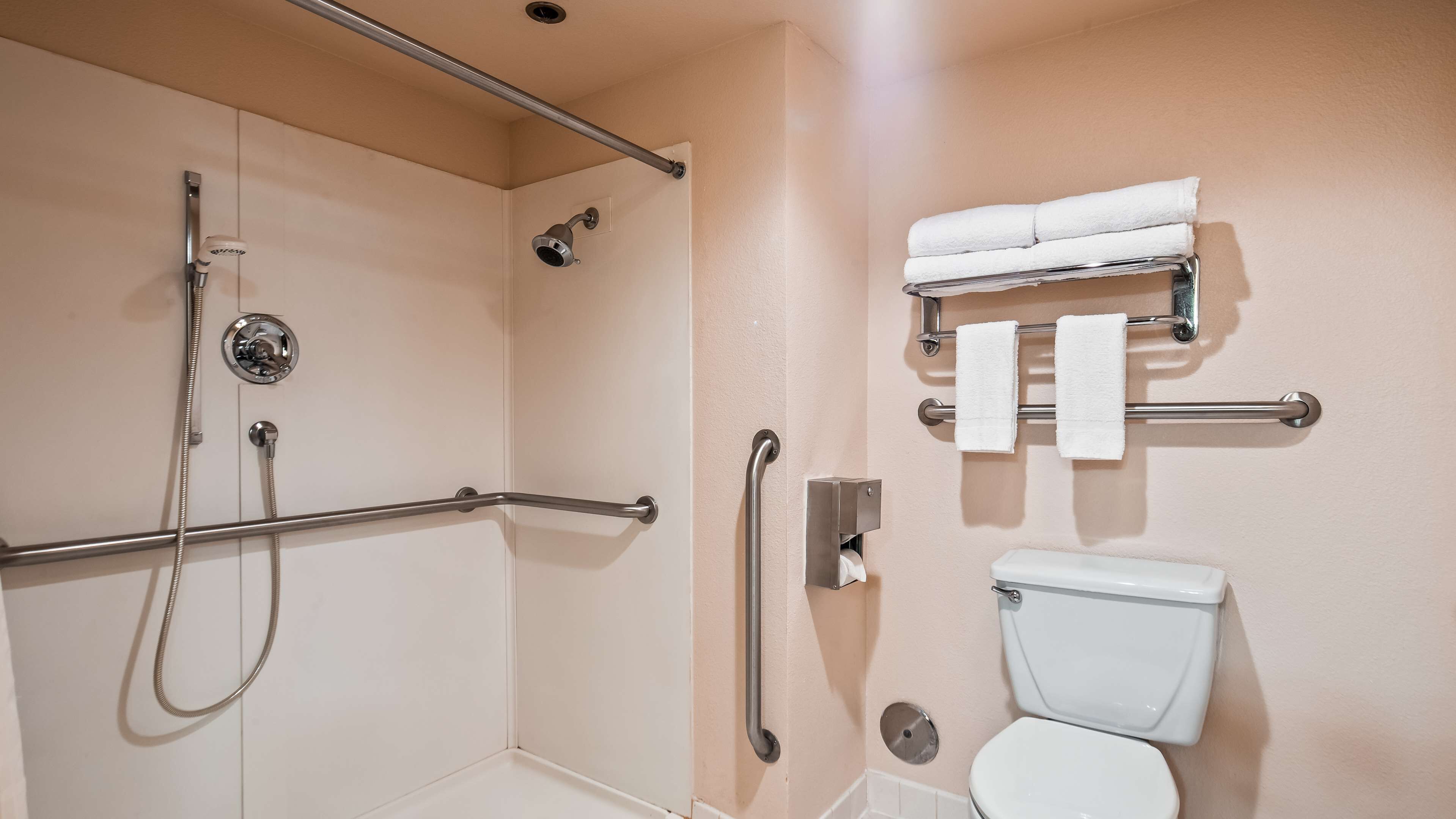 A bathroom with a shower, grab bars, a toilet, and a towel rack.