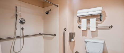 Baño con ducha, barras de apoyo, inodoro y perchero para toallas.