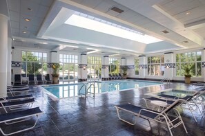 Indoor pool, seasonal outdoor pool, pool umbrellas, pool loungers