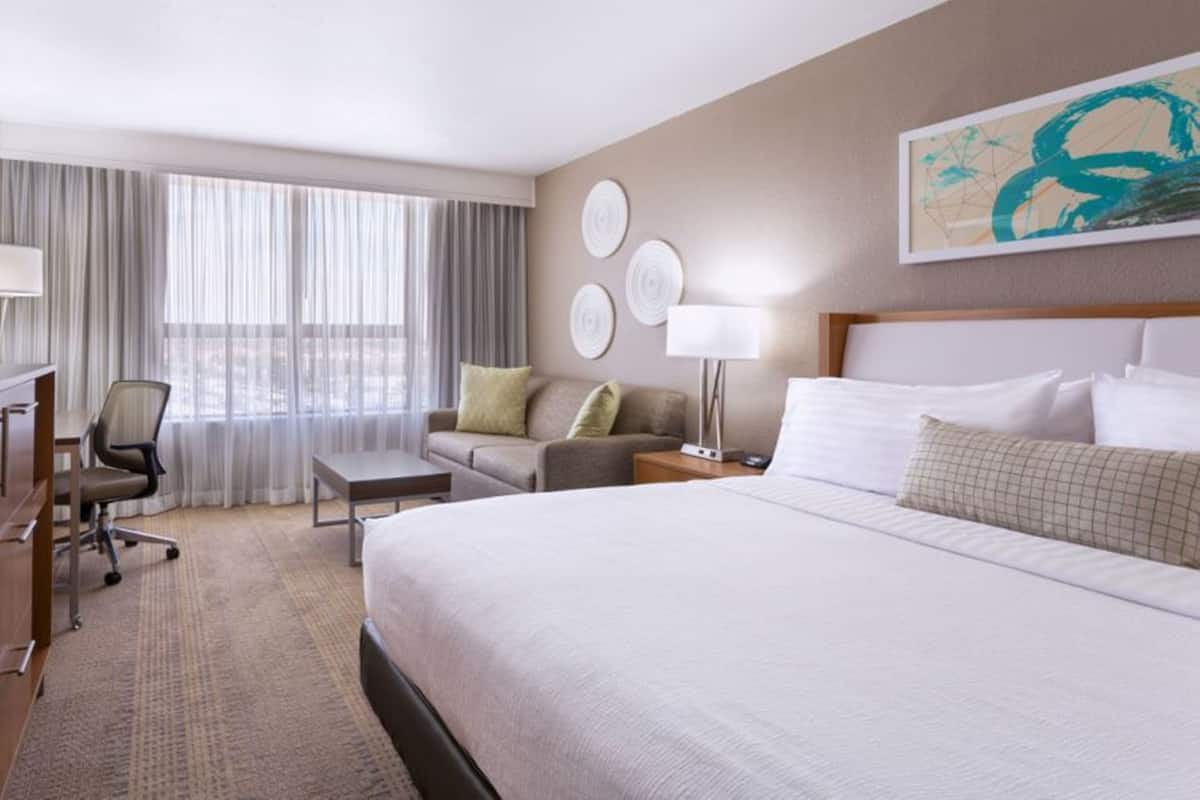 A hotel room with a large bed, a desk, a chair, a sofa, and a window with curtains.