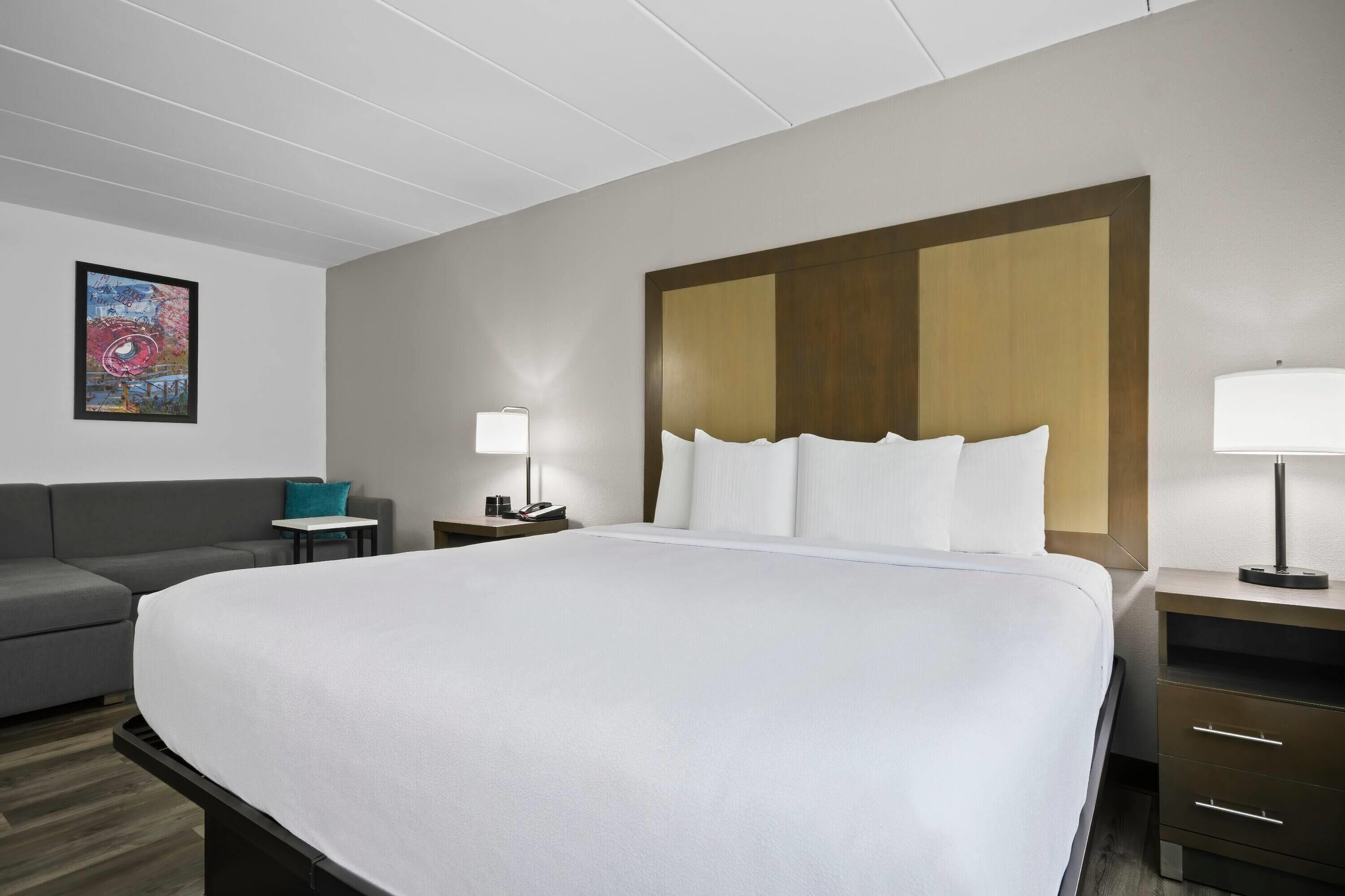 A hotel room with a large bed, a gray sofa, a small table with a lamp, and a wall-mounted painting.