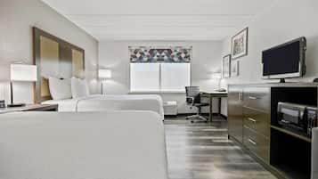 Premium bedding, pillowtop beds, desk, laptop workspace