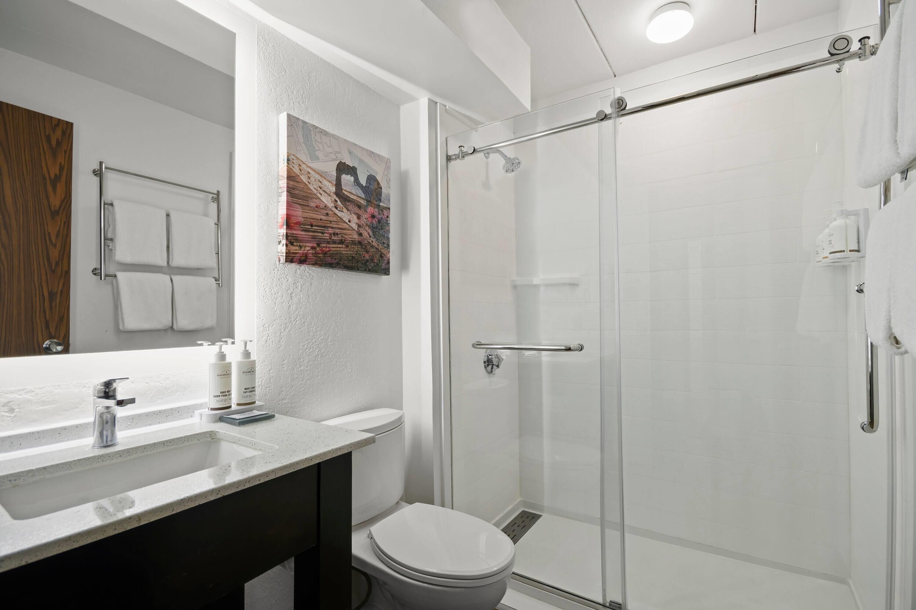 Combined shower/tub, free toiletries, hair dryer, towels