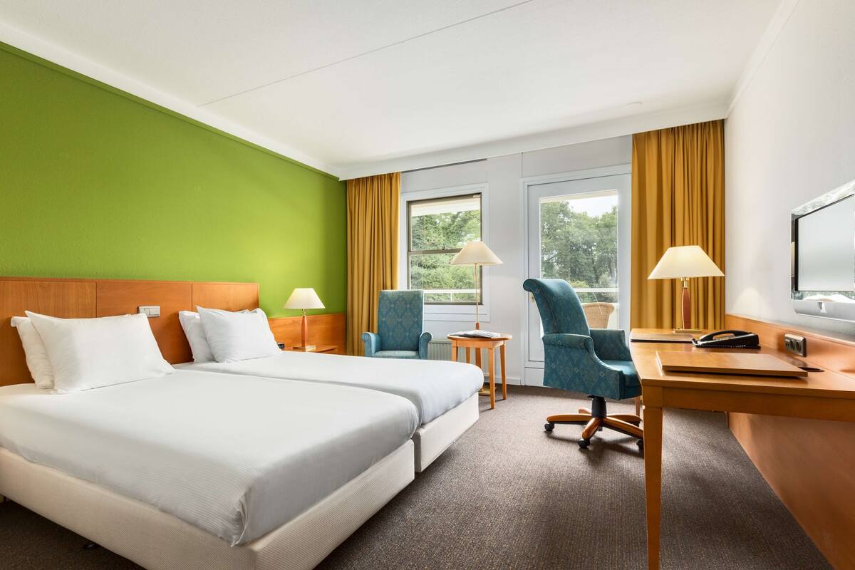 A hotel room with a large bed, two chairs, a desk, and a TV.