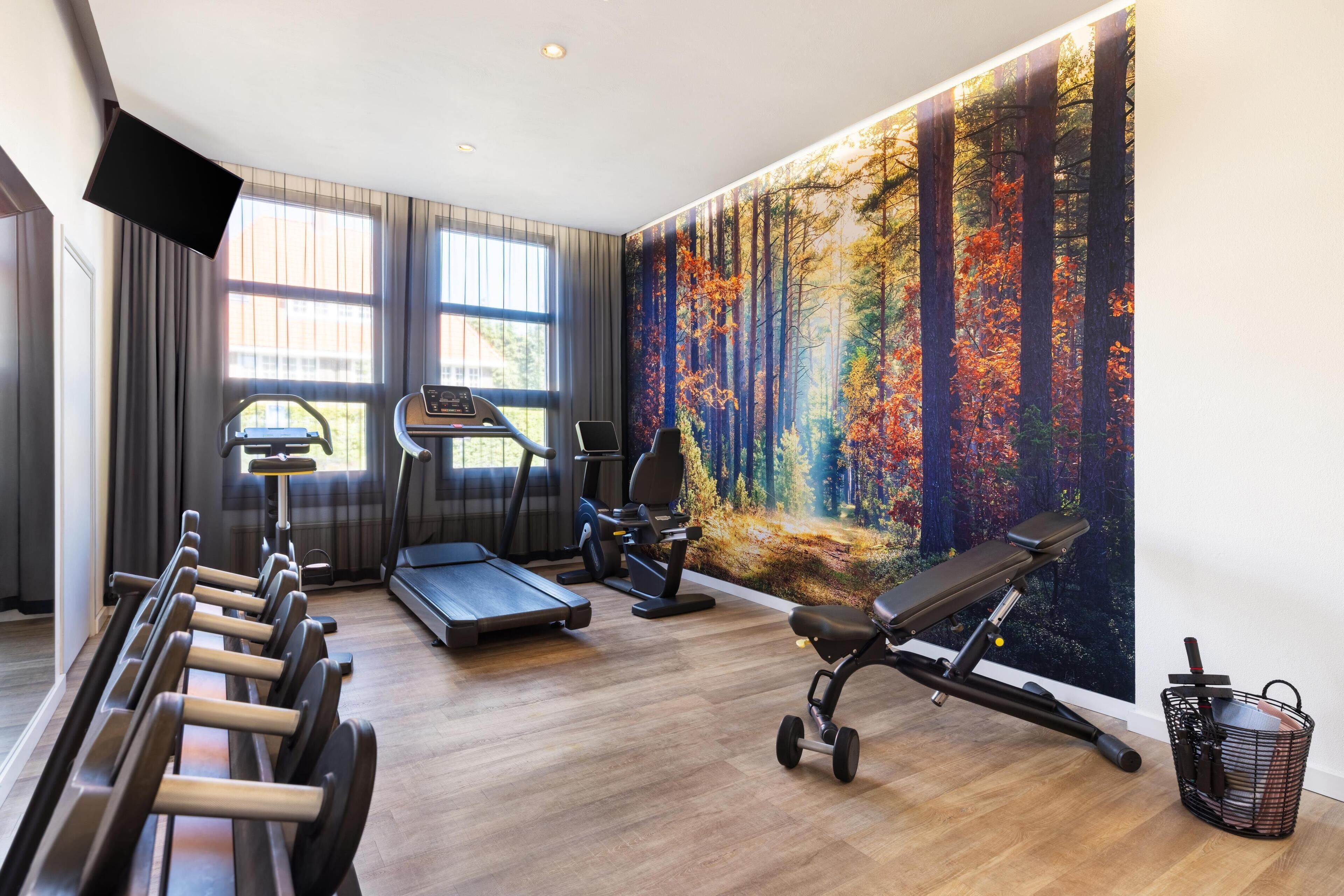 A gym with treadmills, exercise bikes, and a rowing machine.