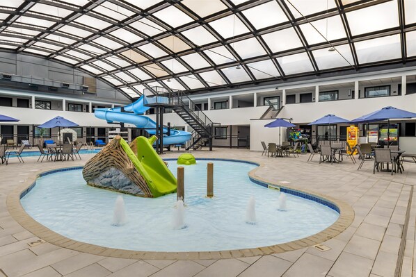 Indoor pool, open 9:00 AM to 10:00 PM, pool umbrellas, sun loungers