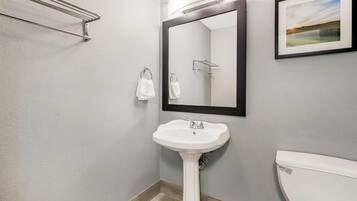 Une salle de bain avec un lavabo sur colonne, des toilettes, un porte-serviettes, un miroir et un tableau encadré au mur.