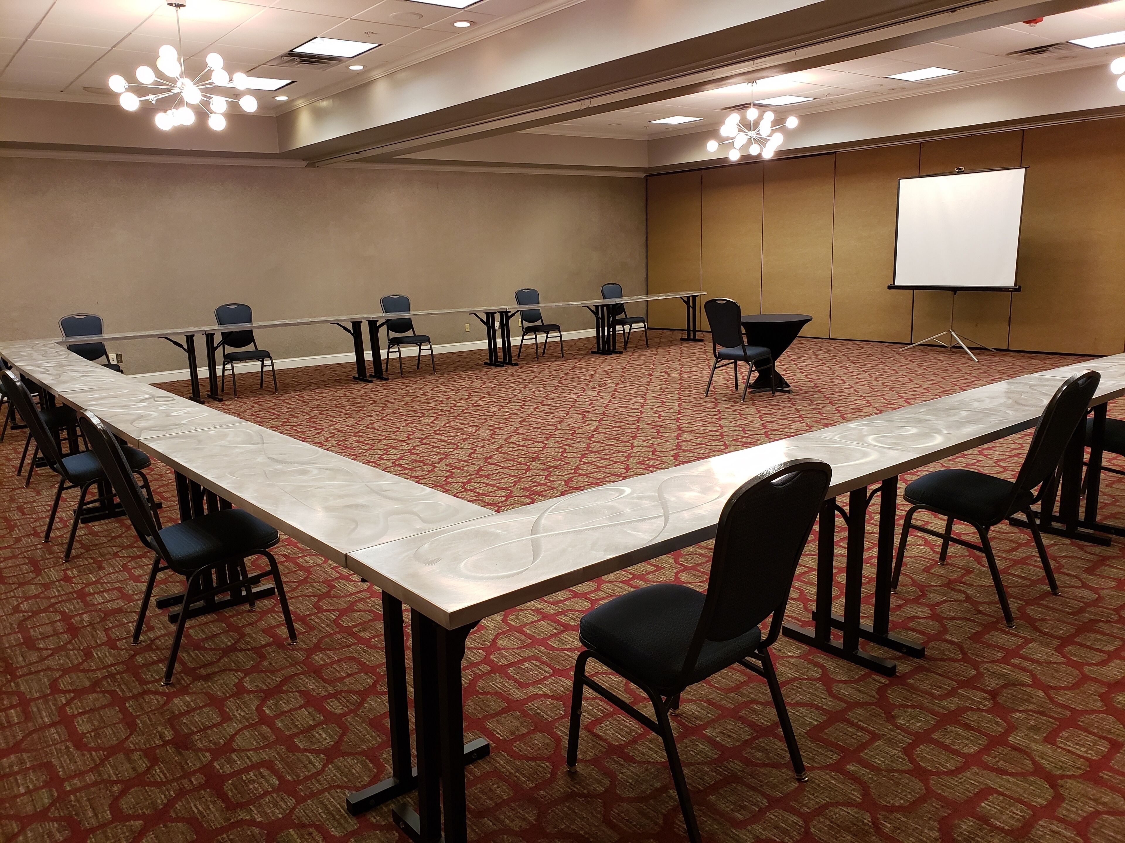 Une salle de conférence avec une longue table, des chaises, un écran de projection et une moquette à motifs.
