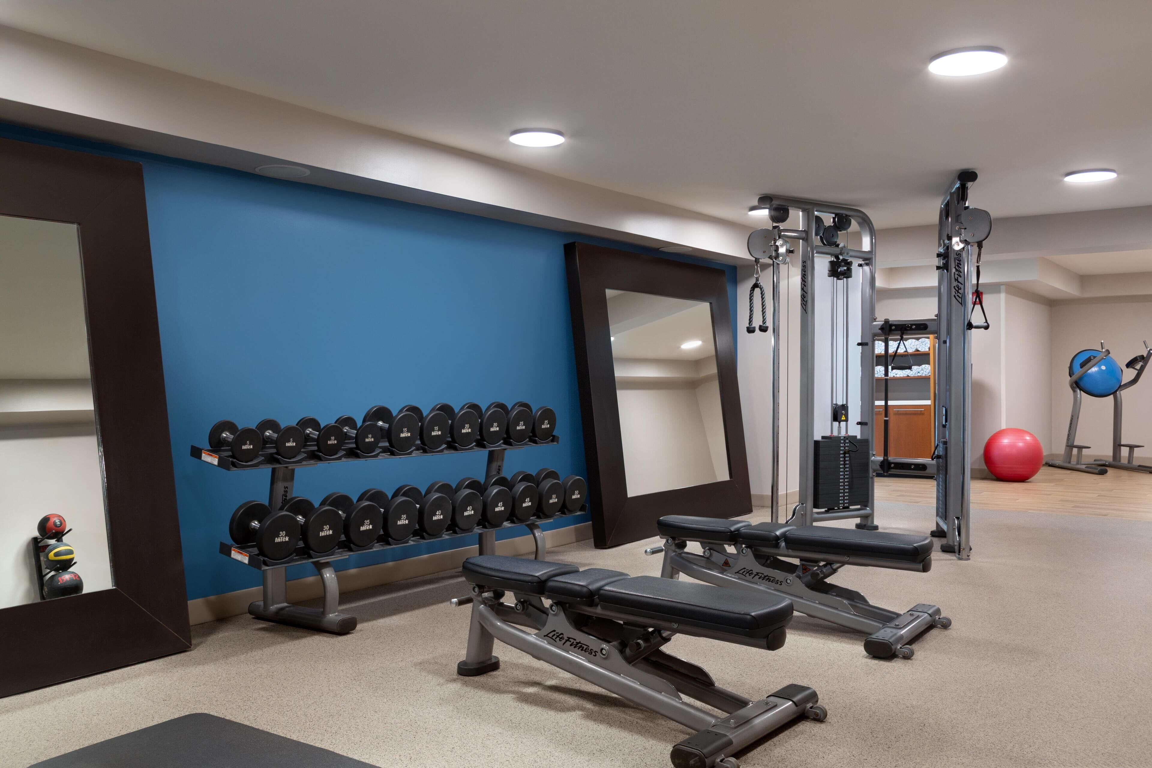 A gym with weightlifting equipment, dumbbells, and exercise balls.