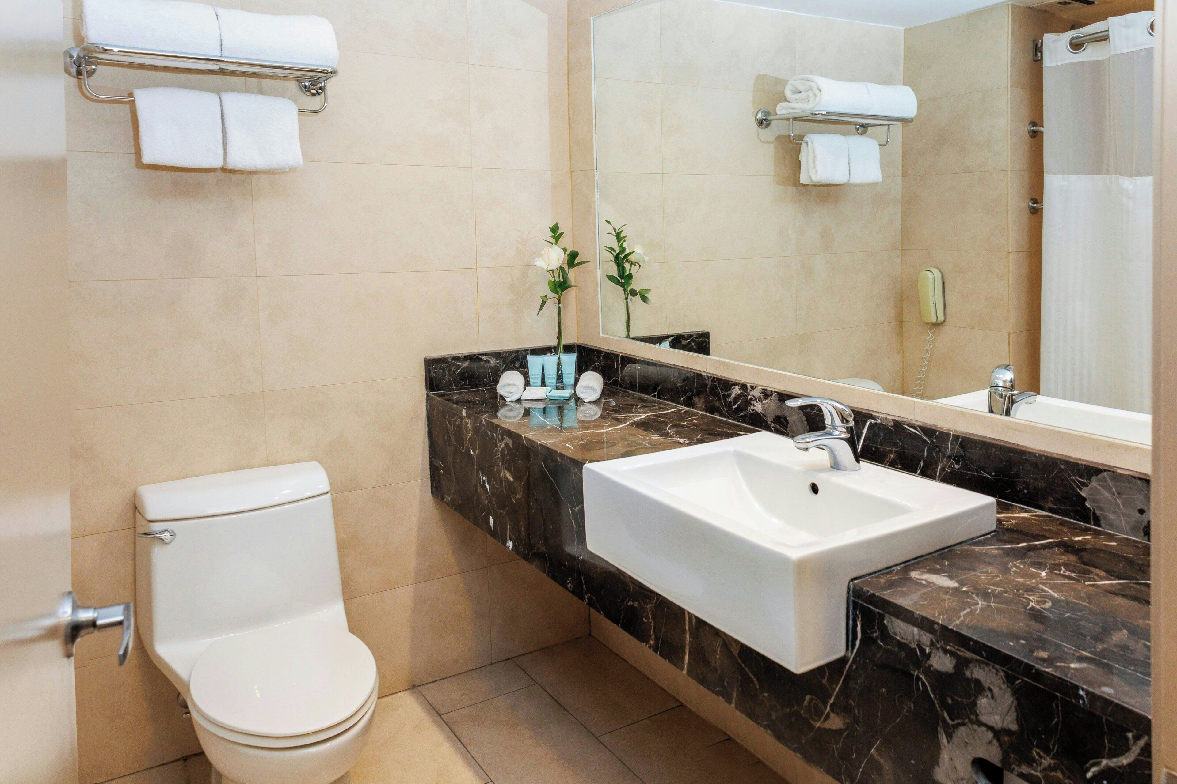 A bathroom with a toilet, a sink, a mirror, and a towel rack.