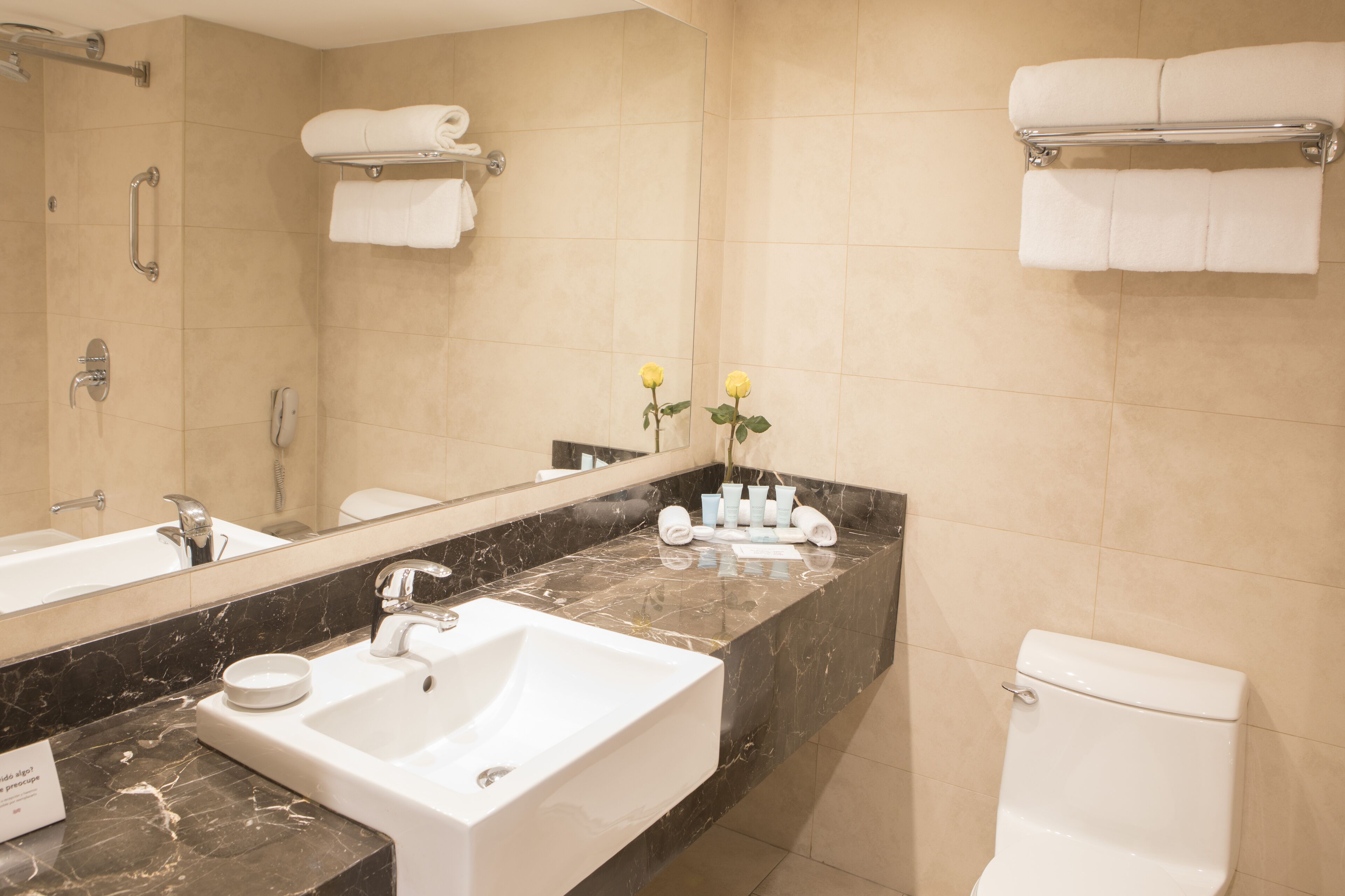A modern bathroom with a large mirror, a white sink, a toilet, and a towel rack.