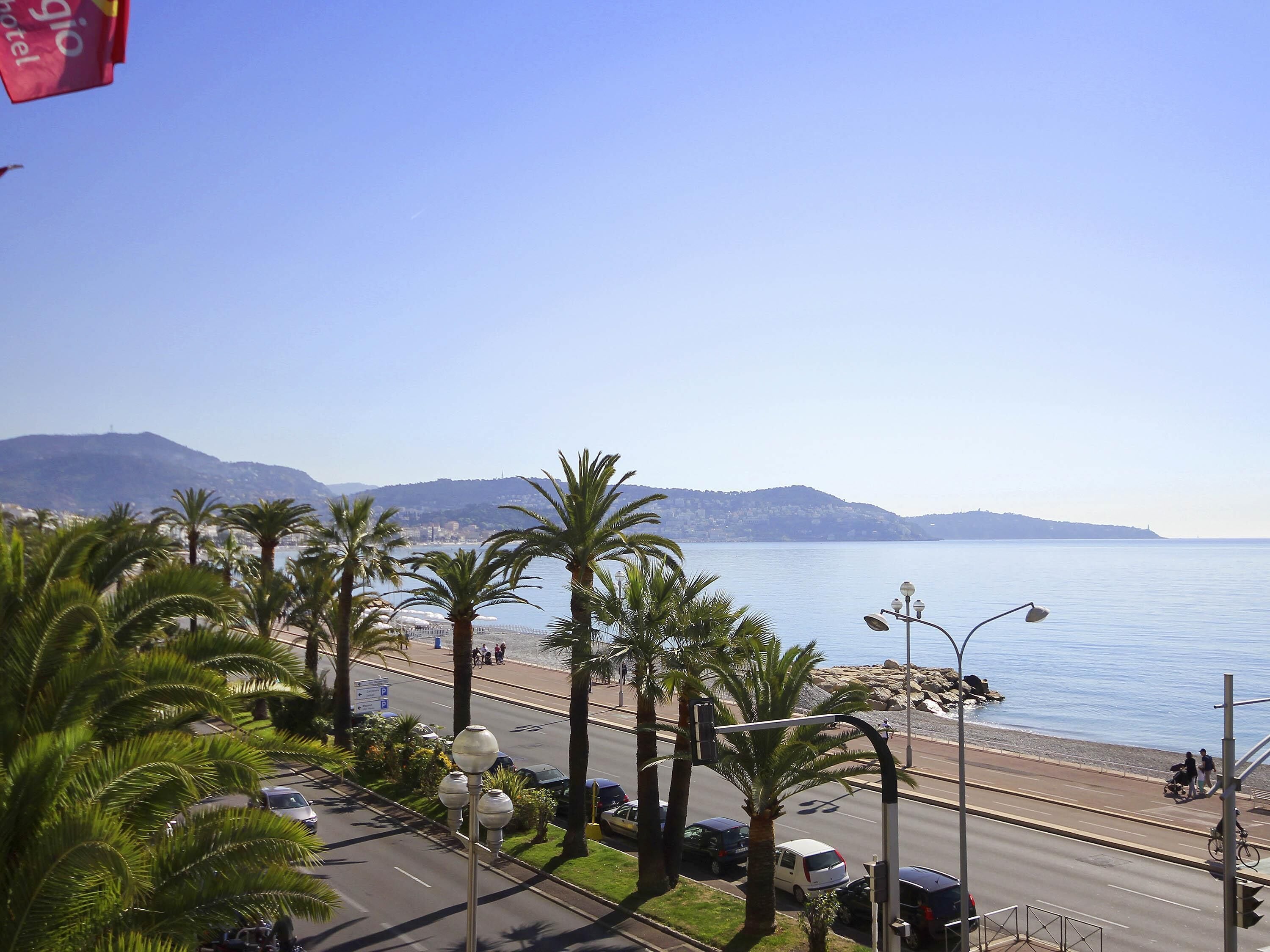 A coastal road with palm trees, a clear sky, and a view of the sea.