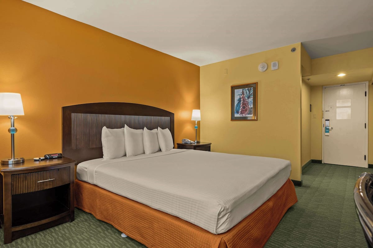 A hotel room with a large bed, two bedside tables with lamps, a painting on the wall, and a door to the right.