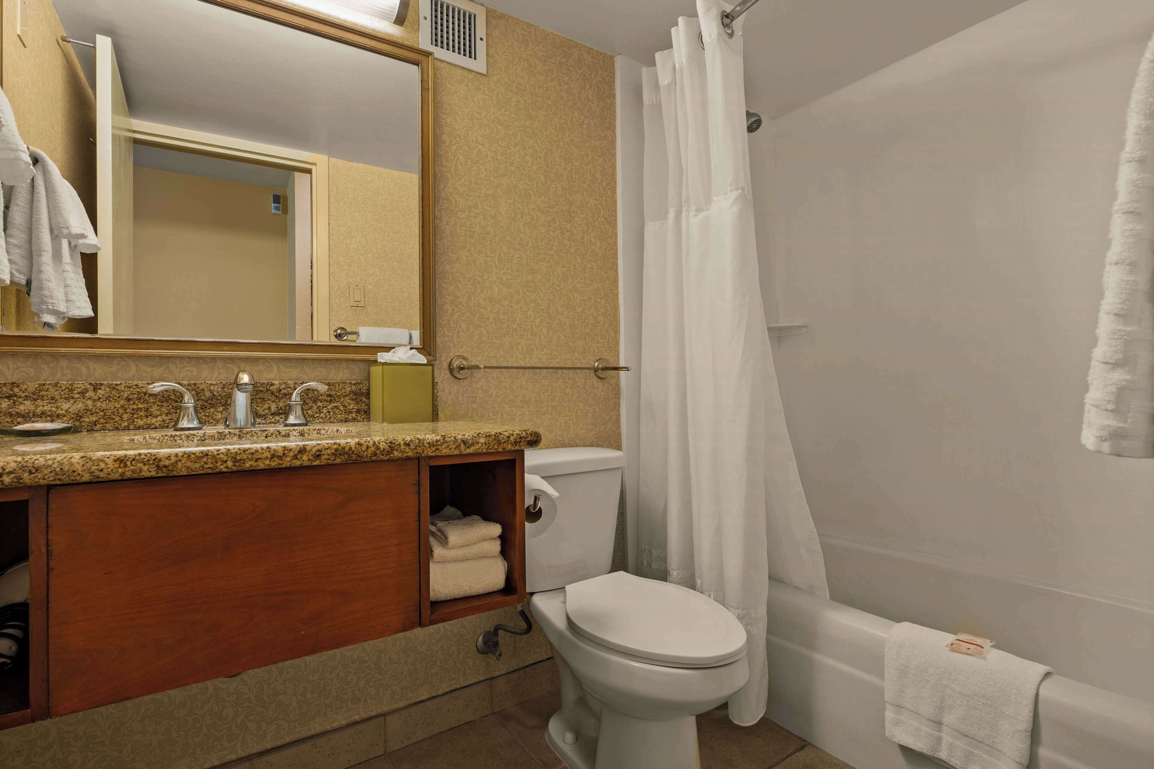 Une salle de bain équipée d’un lavabo, d’un miroir, de toilettes et d’une baignoire.