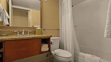 Une salle de bain équipée d’un lavabo, d’un miroir, de toilettes et d’une baignoire.