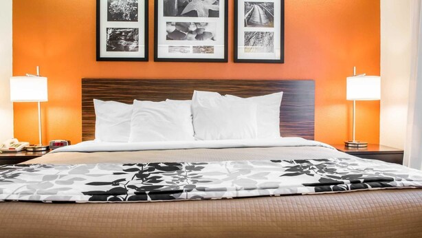 Une chambre d’hôtel avec un grand lit, deux lampes de chevet et trois tableaux encadrés accrochés au mur.