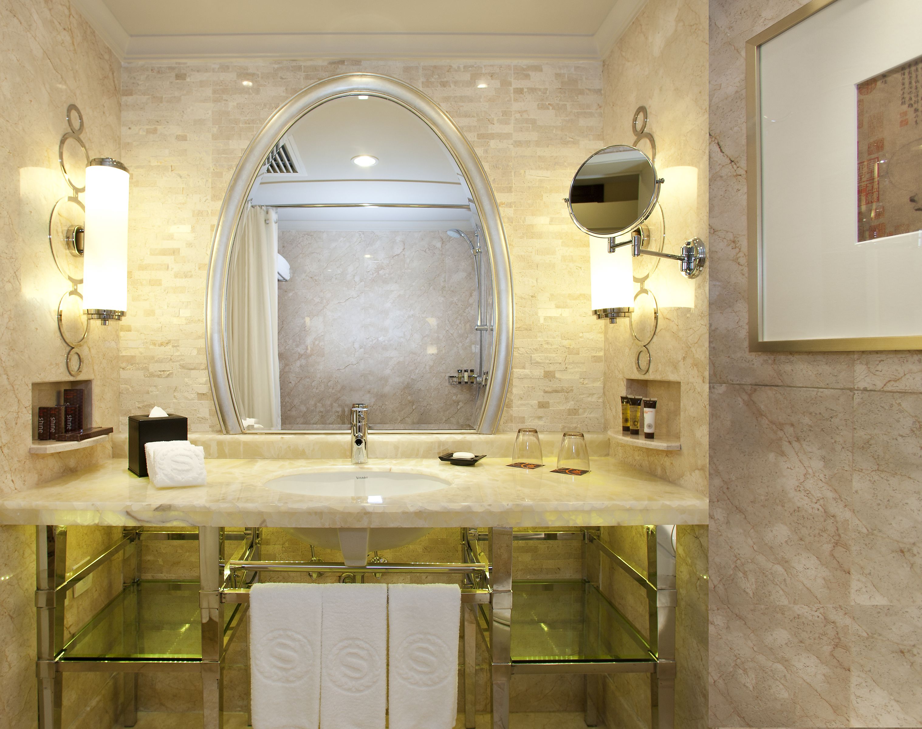 combined shower/bathtub, rainfall showerhead, designer toiletries