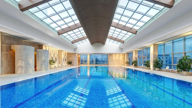 Una piscina interior con techo de tragaluces, ventanas amplias y plantas en macetas.