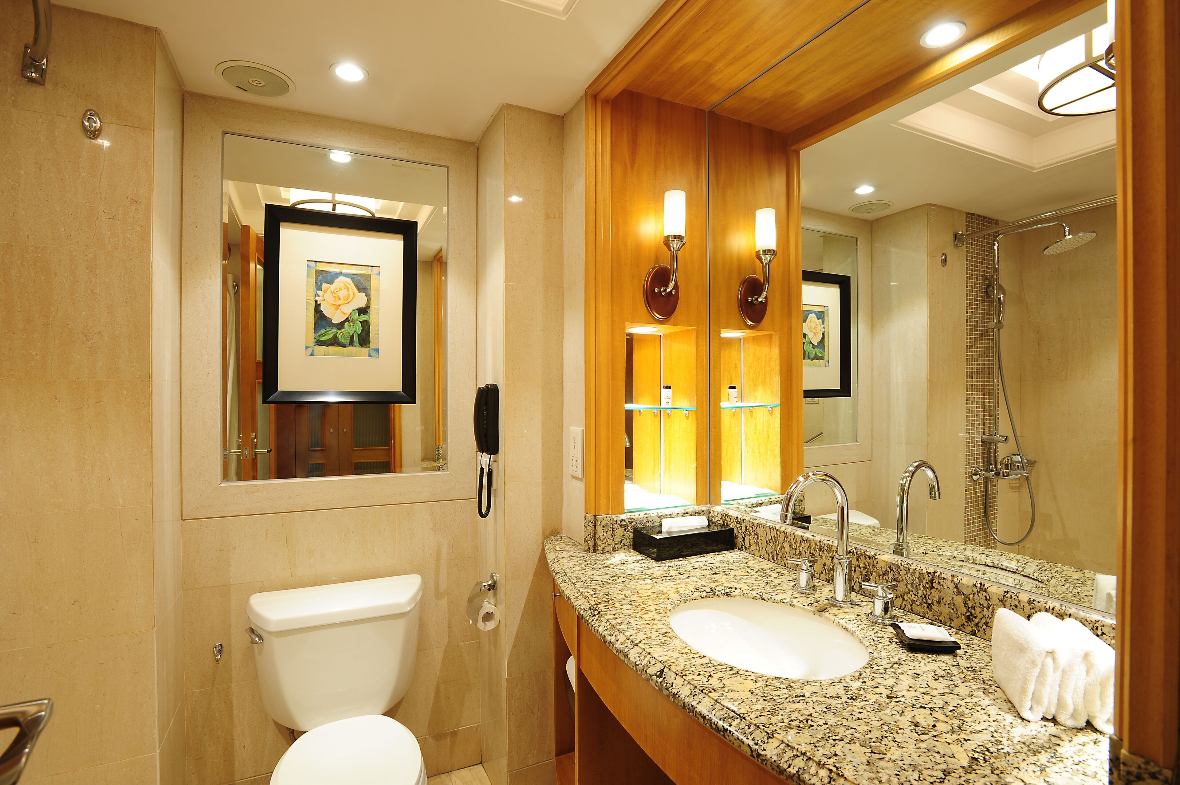 deluxe room, 1 king bed | bathroom | combined shower/bathtub, rainfall showerhead, designer toiletries