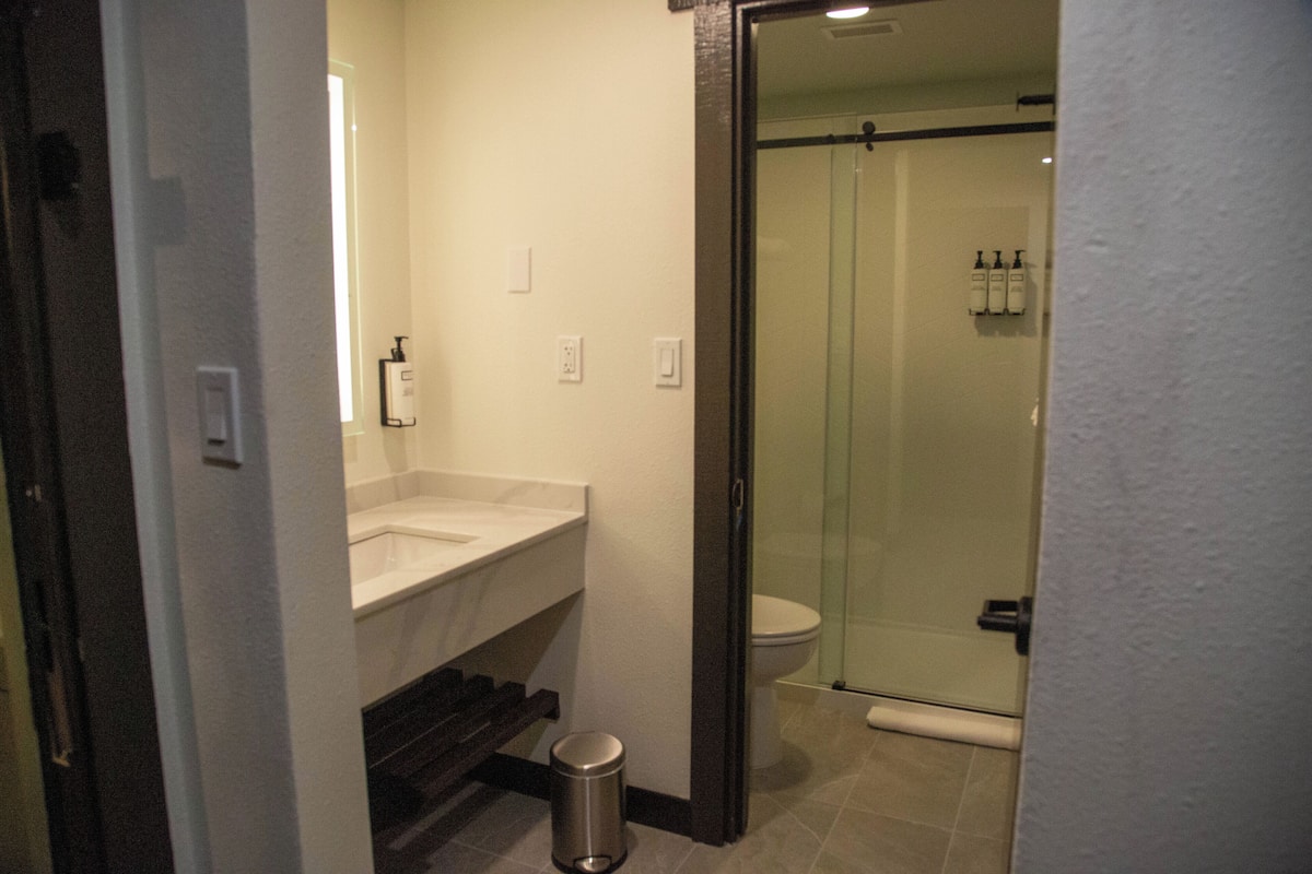Combined shower/tub, eco-friendly toiletries, hair dryer, towels