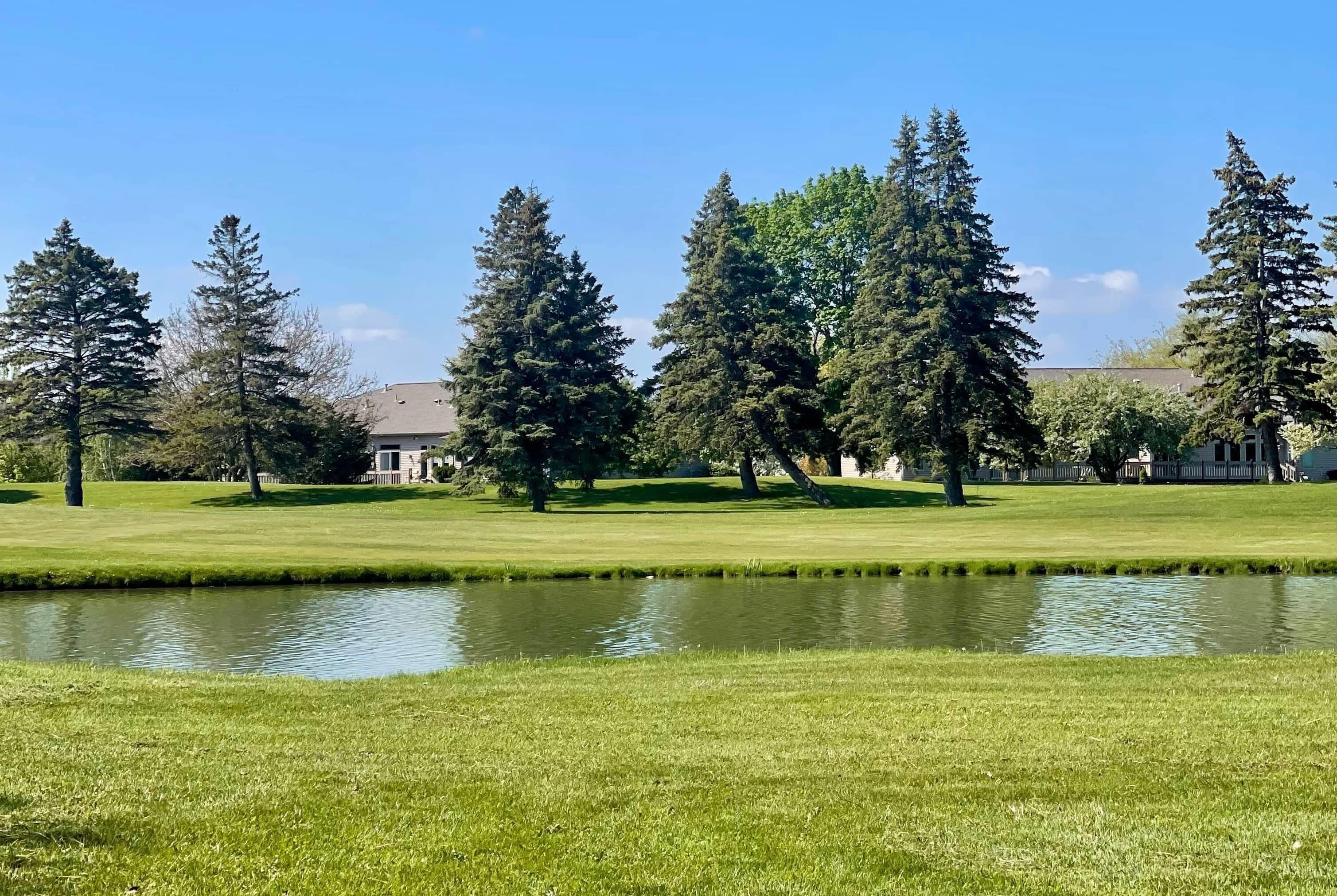 Un campo de golf bien cuidado con un estanque, rodeado de altos árboles perennes y un edificio al fondo.