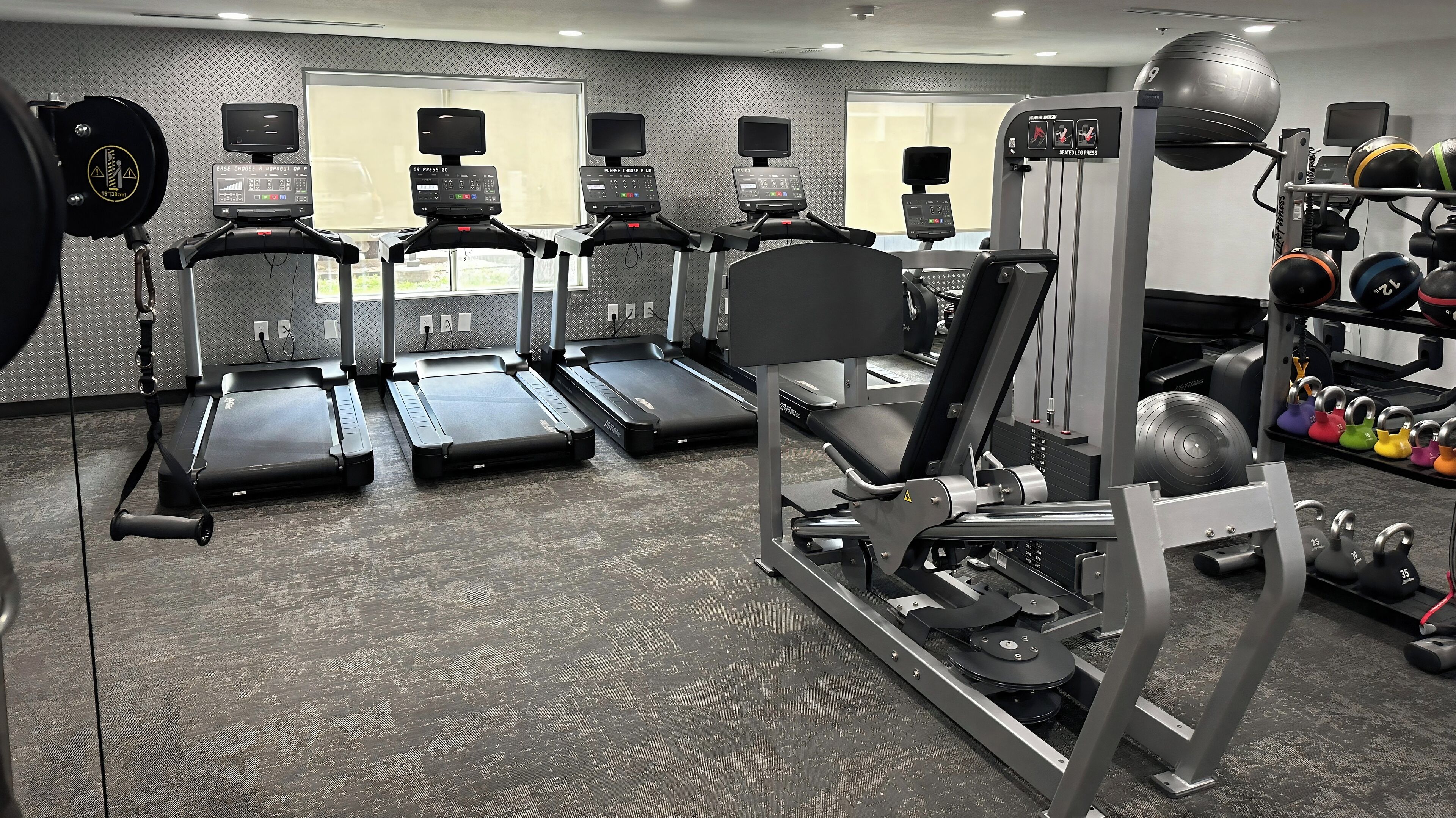 A gym with treadmills, weight machines, and free weights.