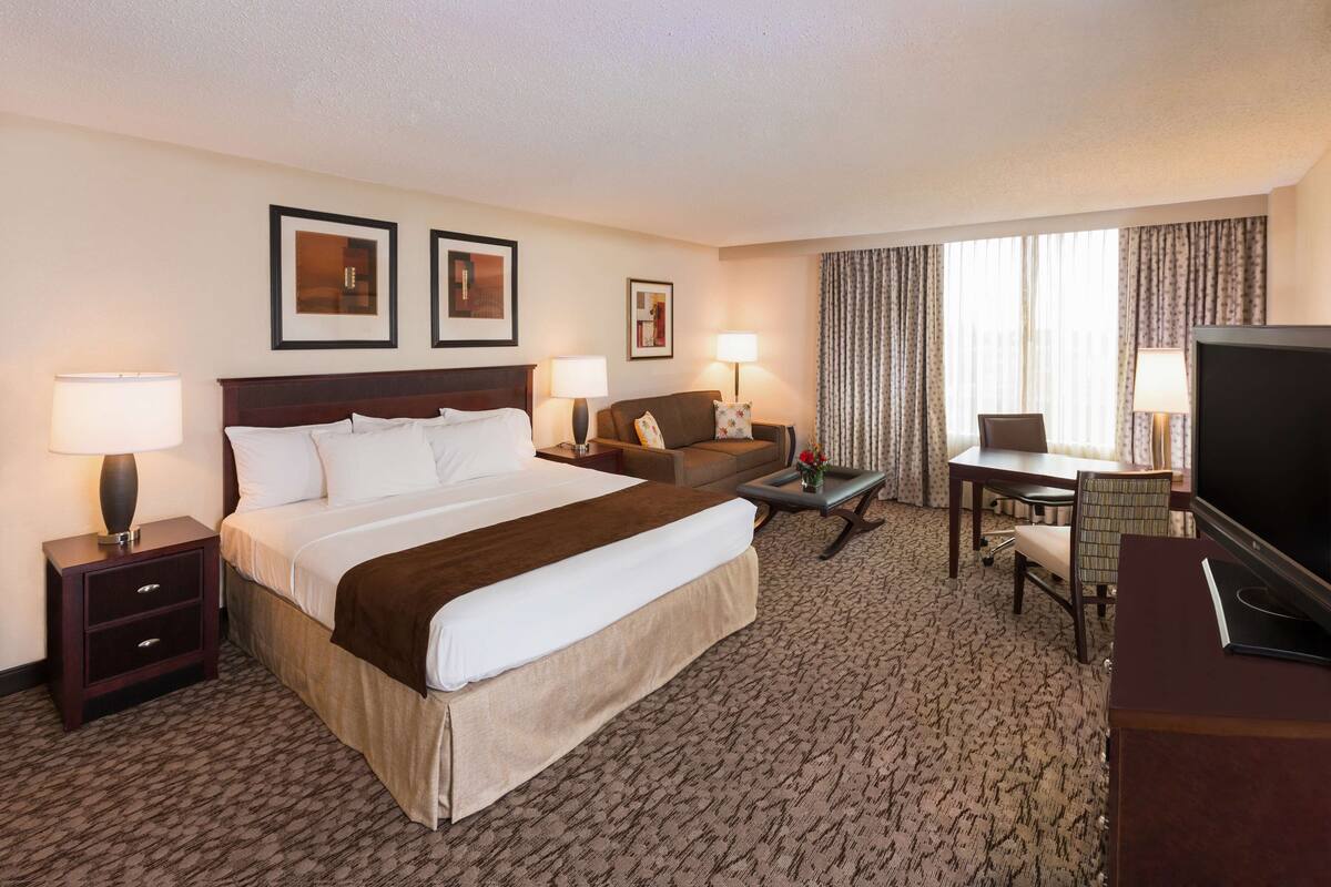 A hotel room with a large bed, a sofa, a desk with a TV, and two lamps.