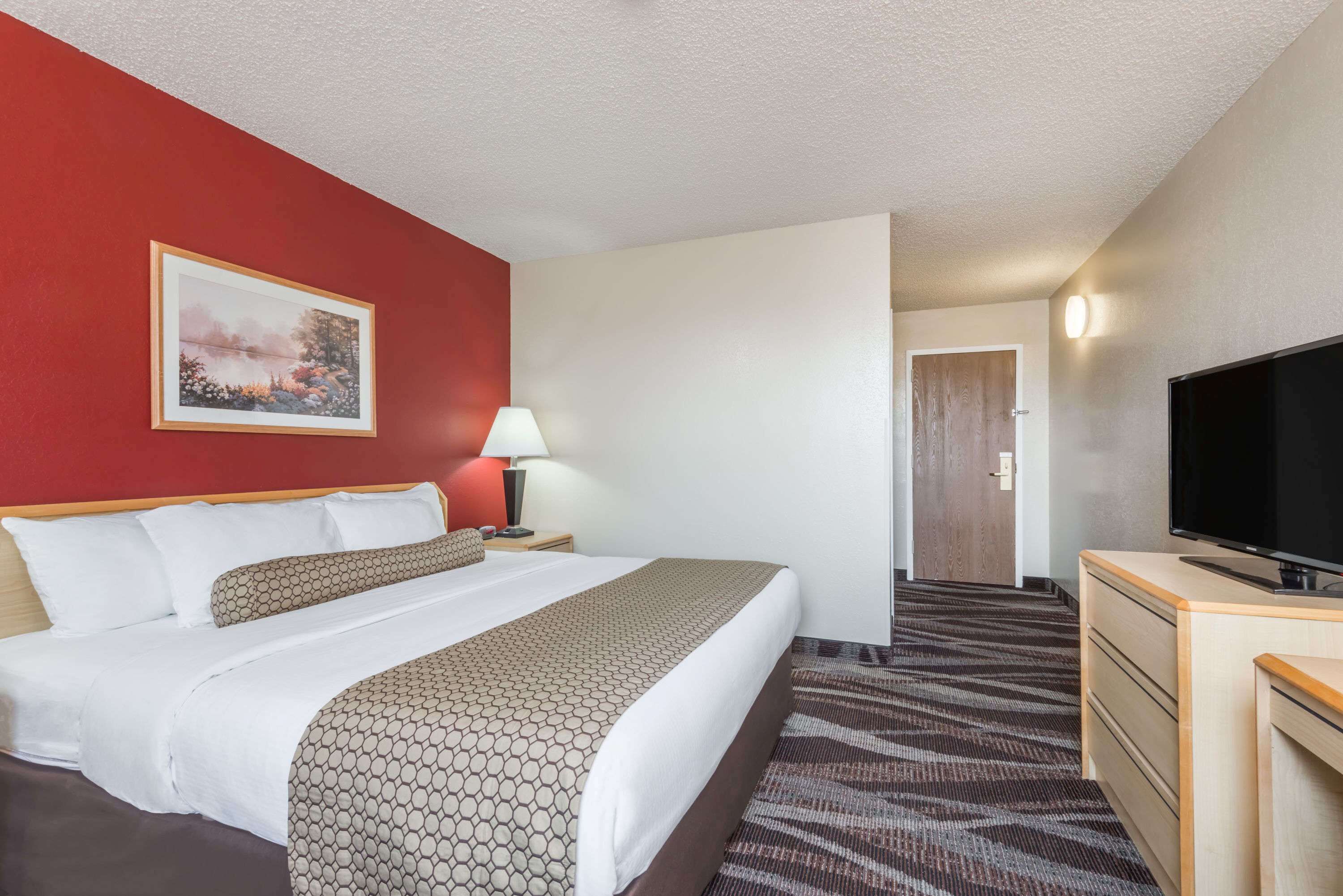 Une chambre d’hôtel avec un lit, une télévision, une lampe, un tableau au mur et un sol recouvert de moquette.