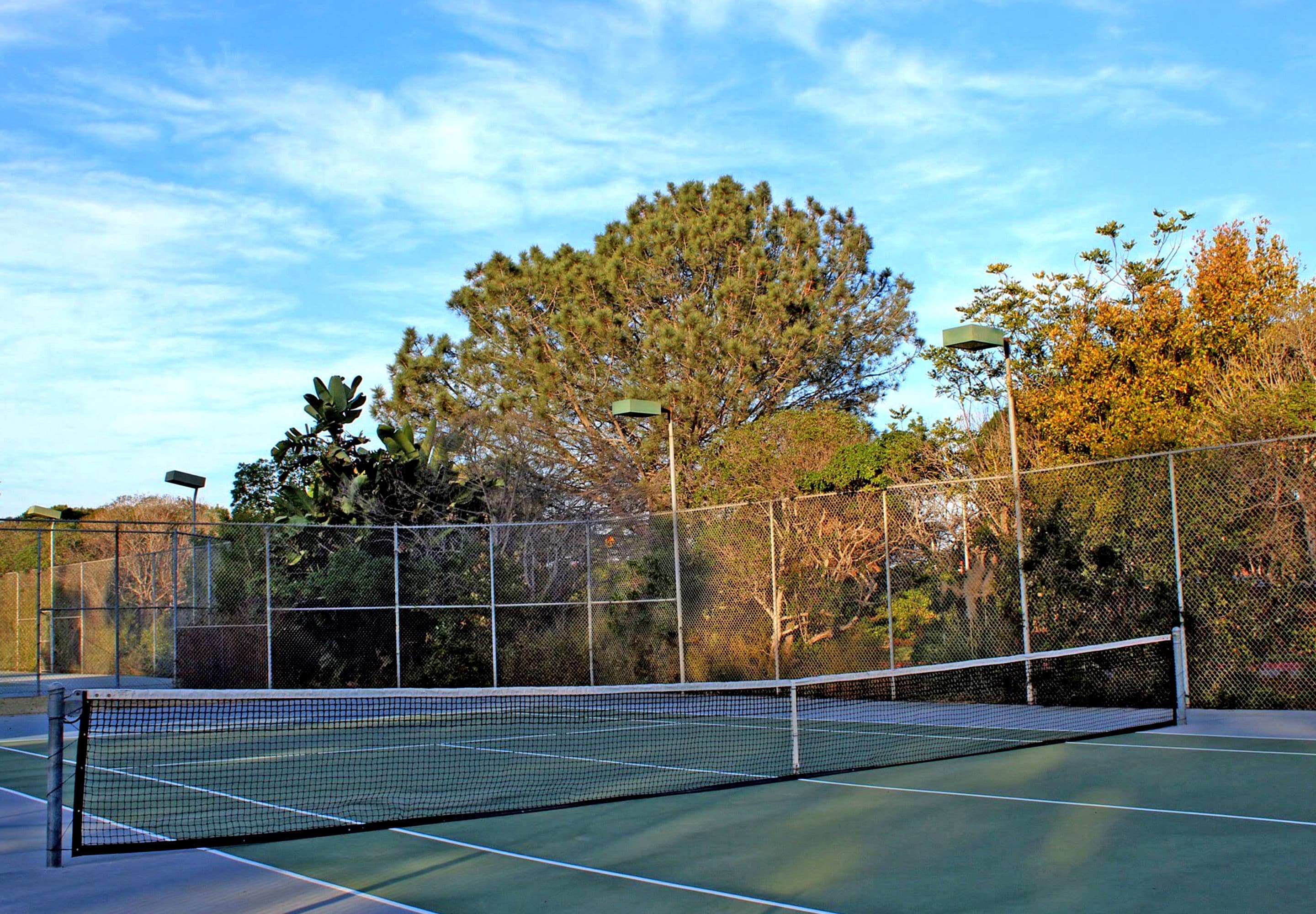 A tennis court with a net, surrounded by a chain-link fence and trees.