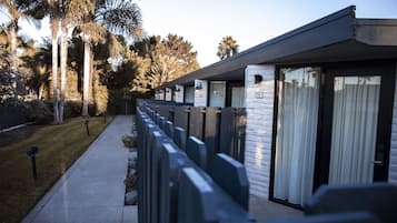 Une rangée de chambres de motel, chacune avec sa propre porte, un chemin en béton et des palmiers en arrière-plan.