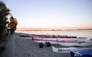 On the beach, water skiing, surfing, sailing