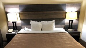 A hotel room with a large bed, two bedside tables, a nightstand, a lamp, a clock, and a phone.