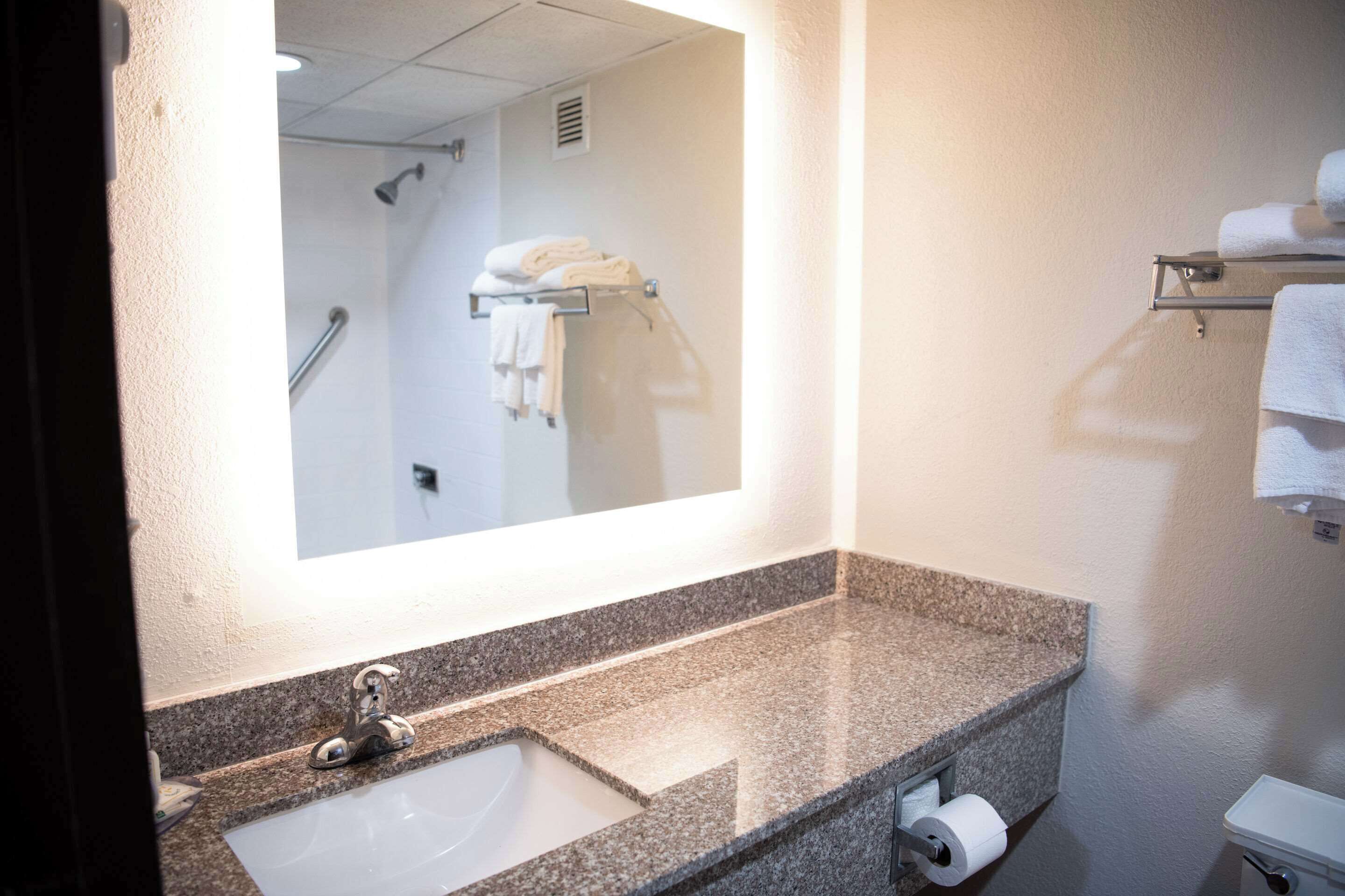 A bathroom with a granite countertop sink, a mirror, a towel rack, and a toilet paper holder.