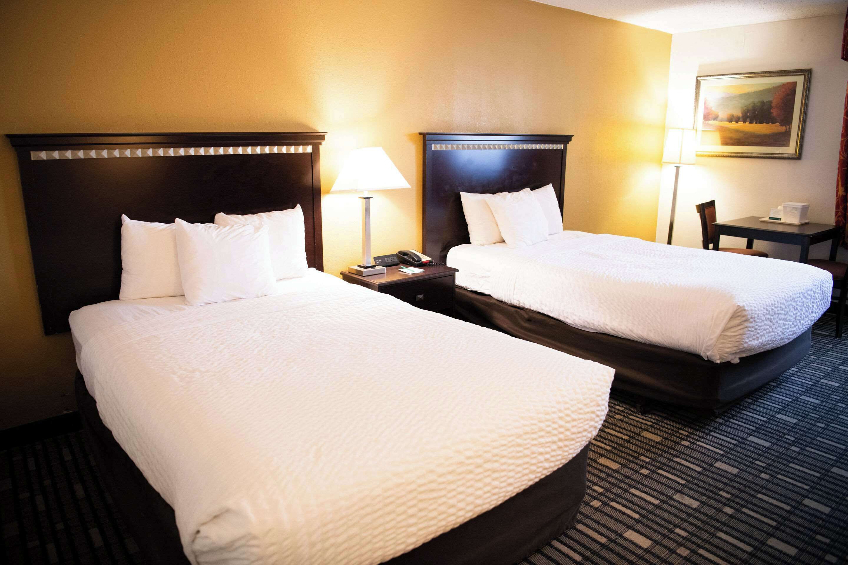 Een hotelkamer met twee bedden, elk voorzien van witte beddengoed en een donkere hoofdbord. Aan de ene kant staat een nachtkastje met een lamp en een telefoon, aan de andere kant een klein tafeltje met een stoel.