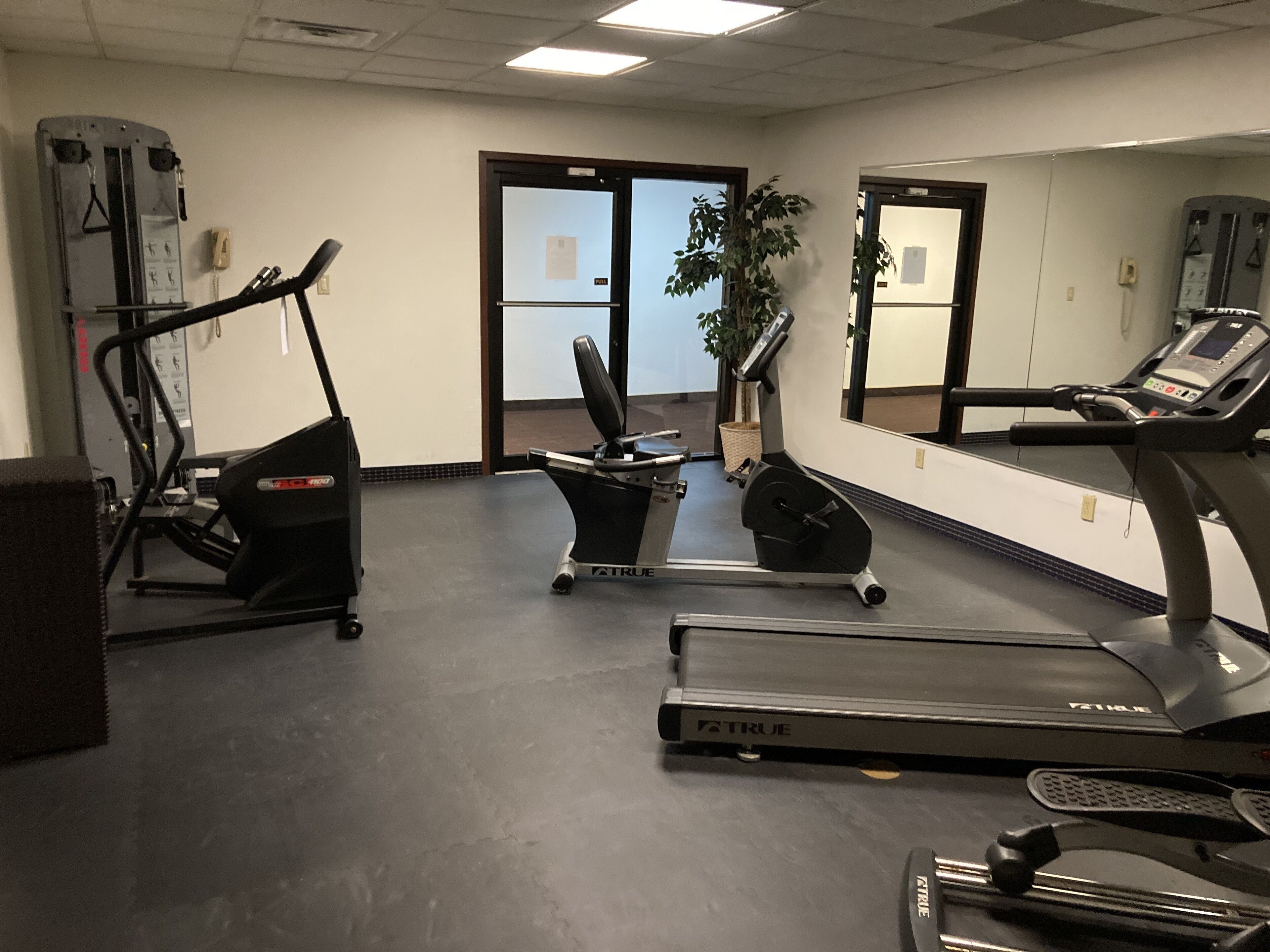 Un gimnasio con cintas de correr, una bicicleta estática y una máquina de pesas.
