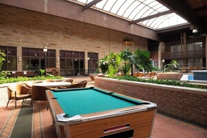 Zona interior con piscina, mesa de billar, sillas y plantas en macetas.