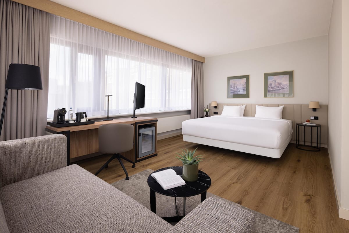 A hotel room with a bed, a desk, a chair, a small table with a plant, and a TV.