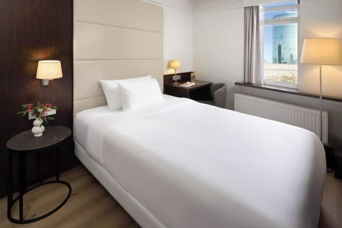 A hotel room with a large bed, bedside tables with lamps, a small table with a vase, and a window with a view of buildings.
