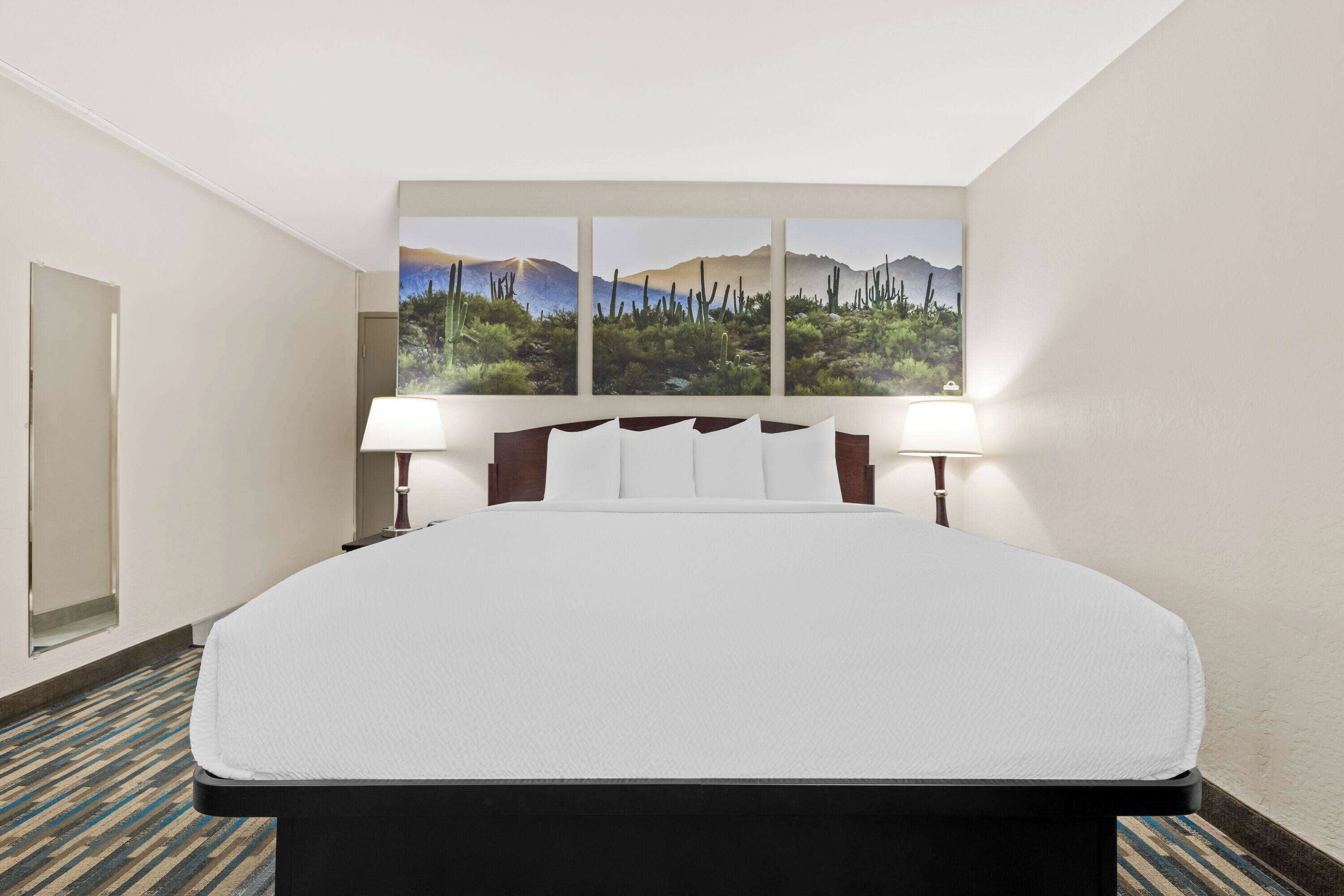 A hotel room with a large bed, two bedside lamps, and a desert landscape painting above the bed.